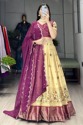 Wine Color  Marshmellow Rico  Printed With Contrast Weaving Work Lehenga With Unstitched Blouse