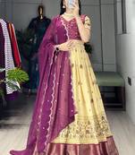 Wine Color  Marshmellow Rico  Printed With Contrast Weaving Work Lehenga With Unstitched Blouse