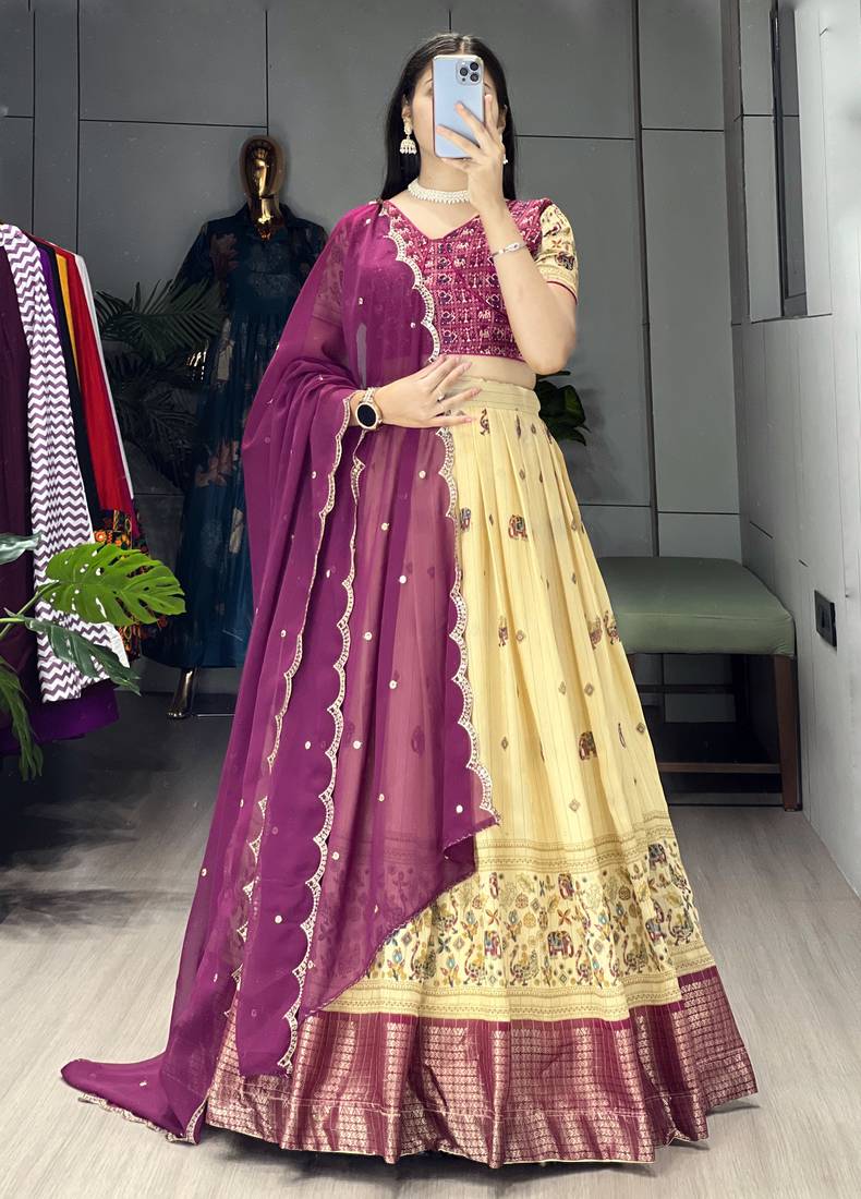 Wine Color  Marshmellow Rico  Printed With Contrast Weaving Work Lehenga With Unstitched Blouse
