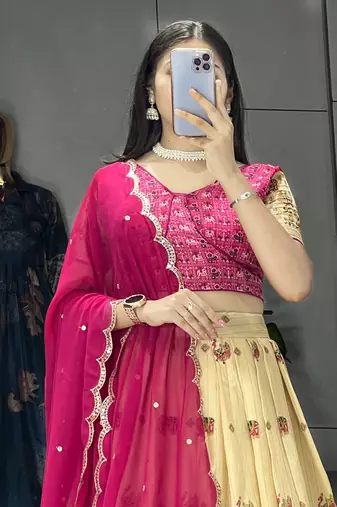 Pink Color  Marshmellow Rico  Printed With Contrast Weaving Work Lehenga With Unstitched Blouse