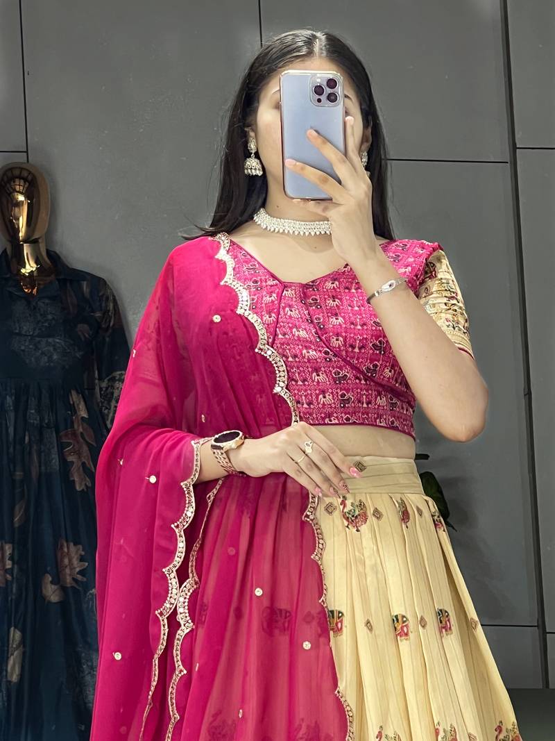 Pink Color  Marshmellow Rico  Printed With Contrast Weaving Work Lehenga With Unstitched Blouse