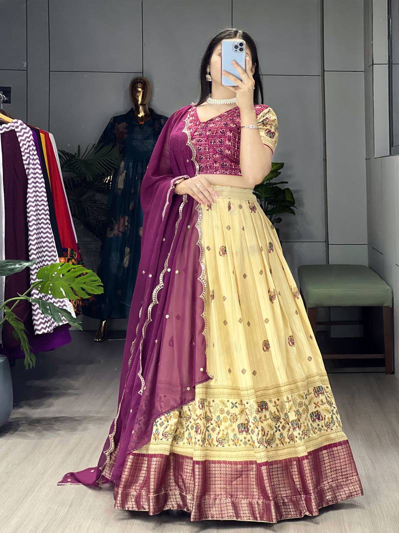 Wine Color  Marshmellow Rico  Printed With Contrast Weaving Work Lehenga With Unstitched Blouse