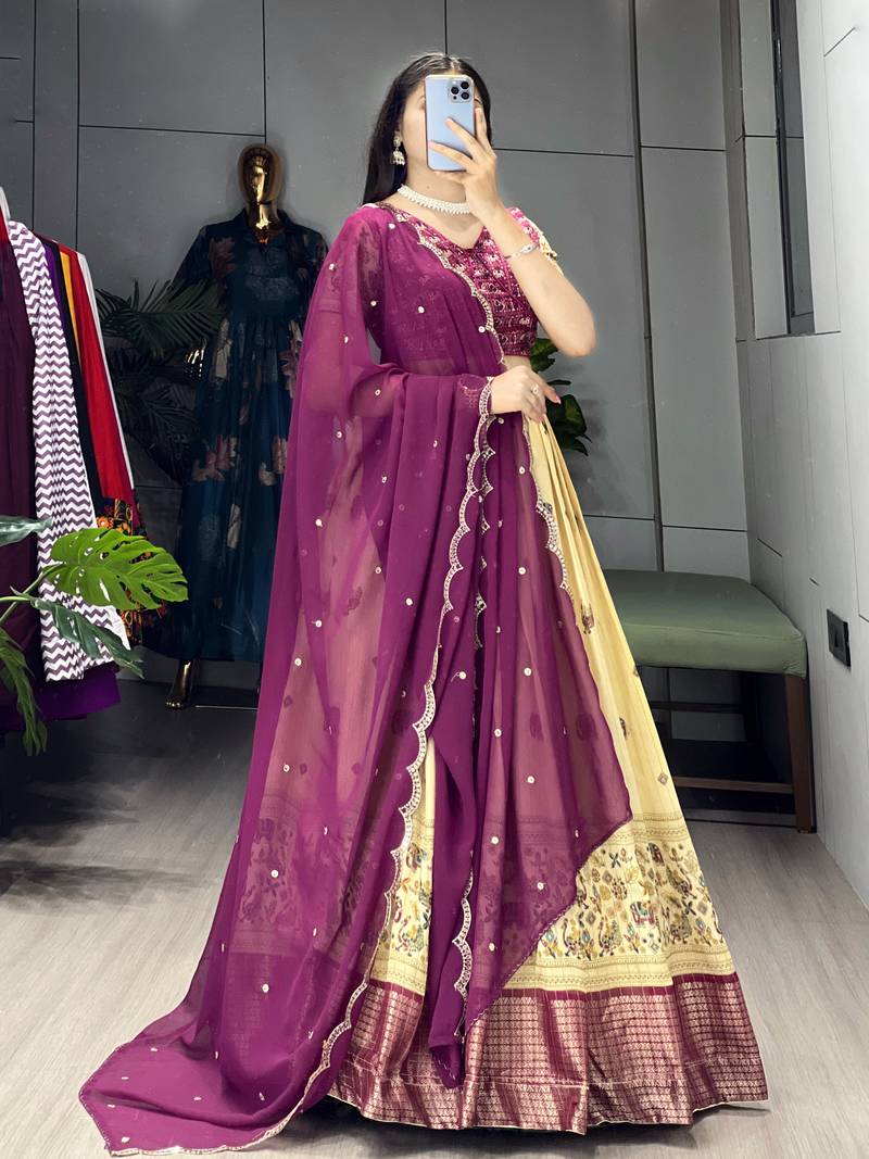 Wine Color  Marshmellow Rico  Printed With Contrast Weaving Work Lehenga With Unstitched Blouse