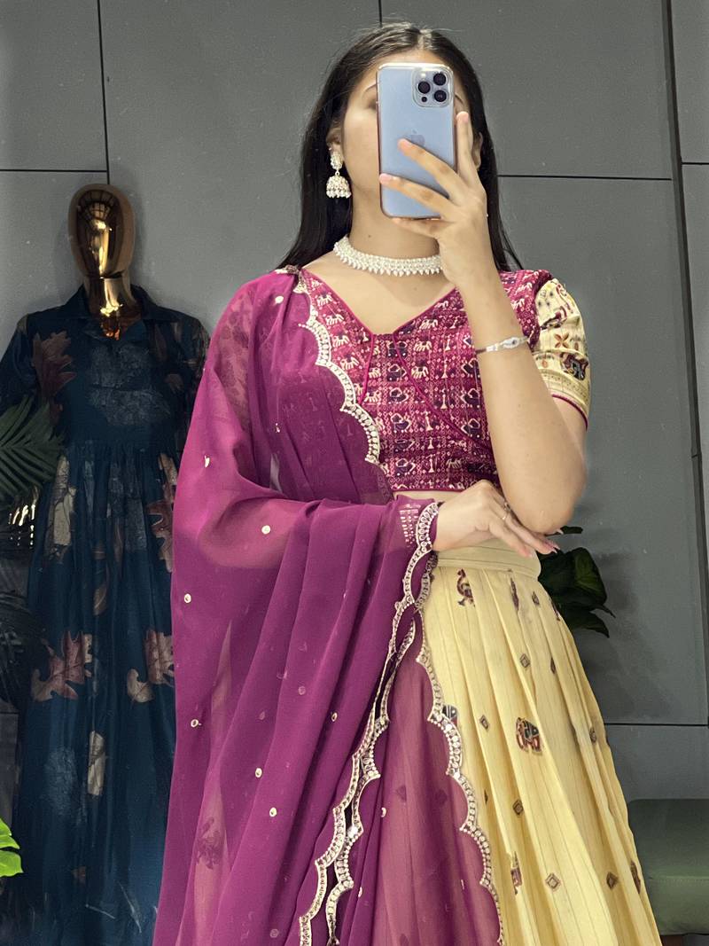 Wine Color  Marshmellow Rico  Printed With Contrast Weaving Work Lehenga With Unstitched Blouse