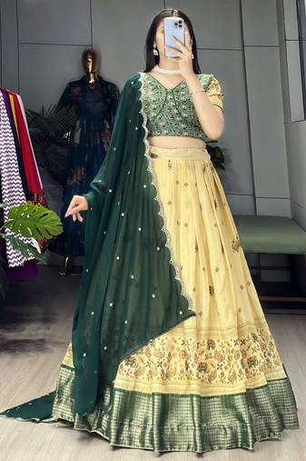 Green Color  Marshmellow Rico  Printed With Contrast Weaving Work Lehenga With Unstitched Blouse