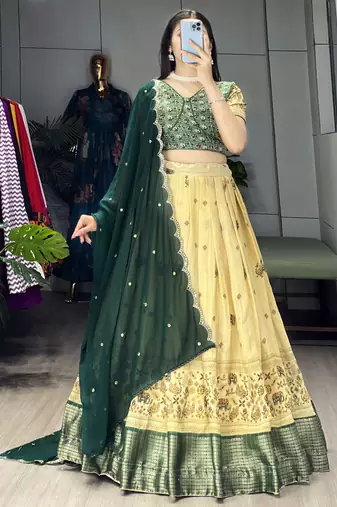Green Color  Marshmellow Rico  Printed With Contrast Weaving Work Lehenga With Unstitched Blouse
