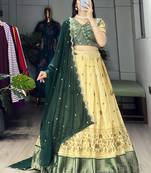 Green Color  Marshmellow Rico  Printed With Contrast Weaving Work Lehenga With Unstitched Blouse