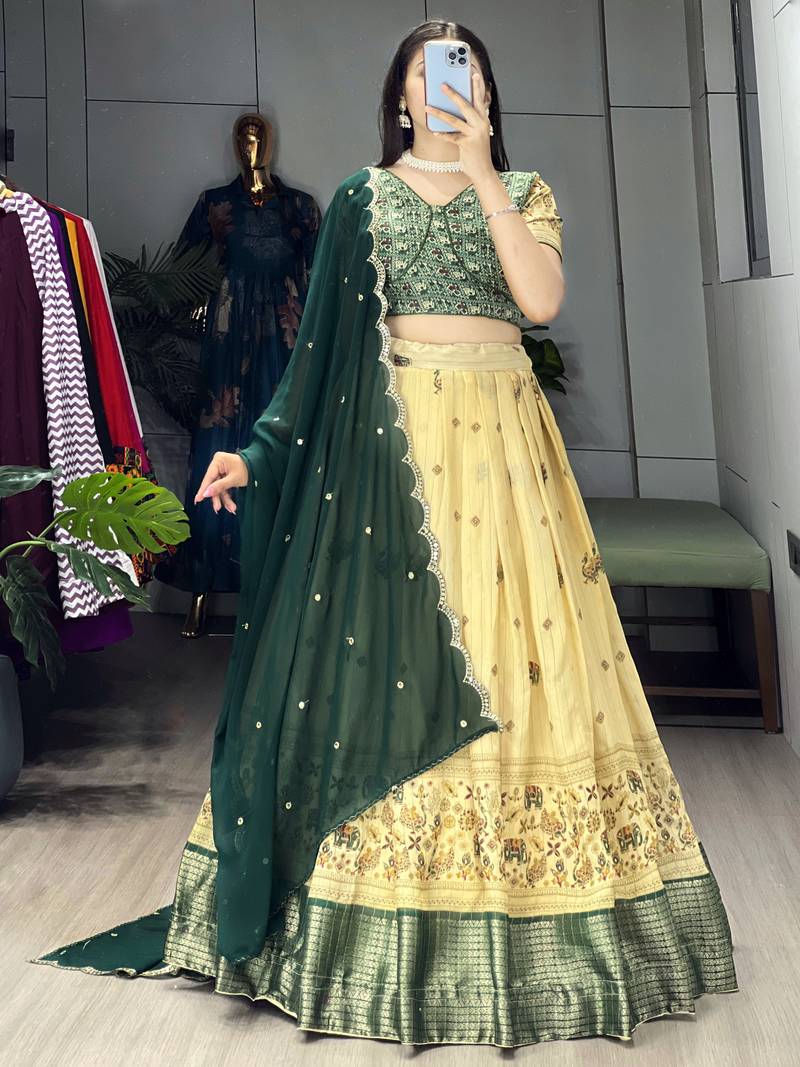 Green Color  Marshmellow Rico  Printed With Contrast Weaving Work Lehenga With Unstitched Blouse