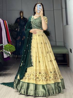 Green Color  Marshmellow Rico  Printed With Contrast Weaving Work Lehenga With Unstitched Blouse 2