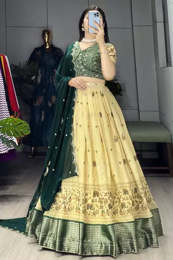 Green Color  Marshmellow Rico  Printed With Contrast Weaving Work Lehenga With Unstitched Blouse