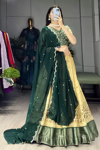 Green Color  Marshmellow Rico  Printed With Contrast Weaving Work Lehenga With Unstitched Blouse