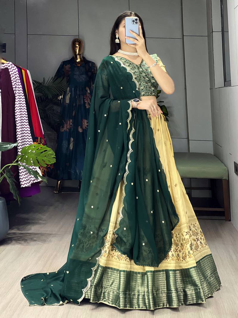 Green Color  Marshmellow Rico  Printed With Contrast Weaving Work Lehenga With Unstitched Blouse
