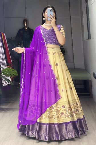 Purple Color  Marshmellow Rico  Printed With Contrast Weaving Work Lehenga With Unstitched Blouse