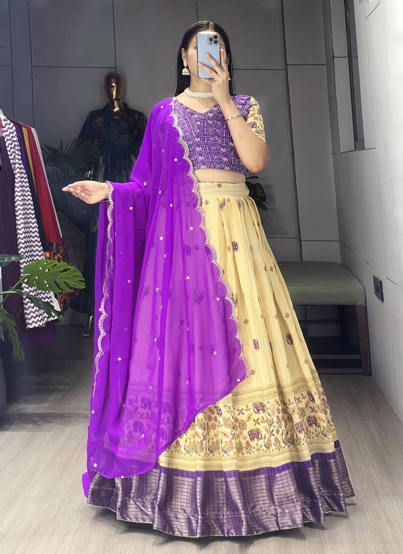Purple Color  Marshmellow Rico  Printed With Contrast Weaving Work Lehenga With Unstitched Blouse