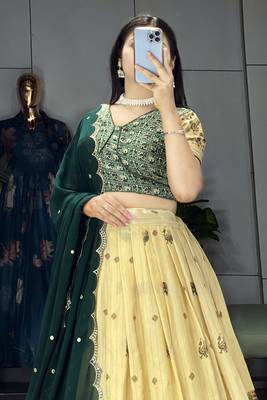 Green Color  Marshmellow Rico  Printed With Contrast Weaving Work Lehenga With Unstitched Blouse 4