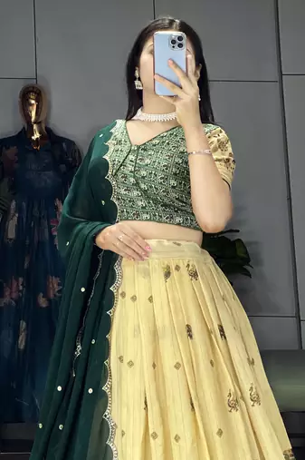 Green Color  Marshmellow Rico  Printed With Contrast Weaving Work Lehenga With Unstitched Blouse