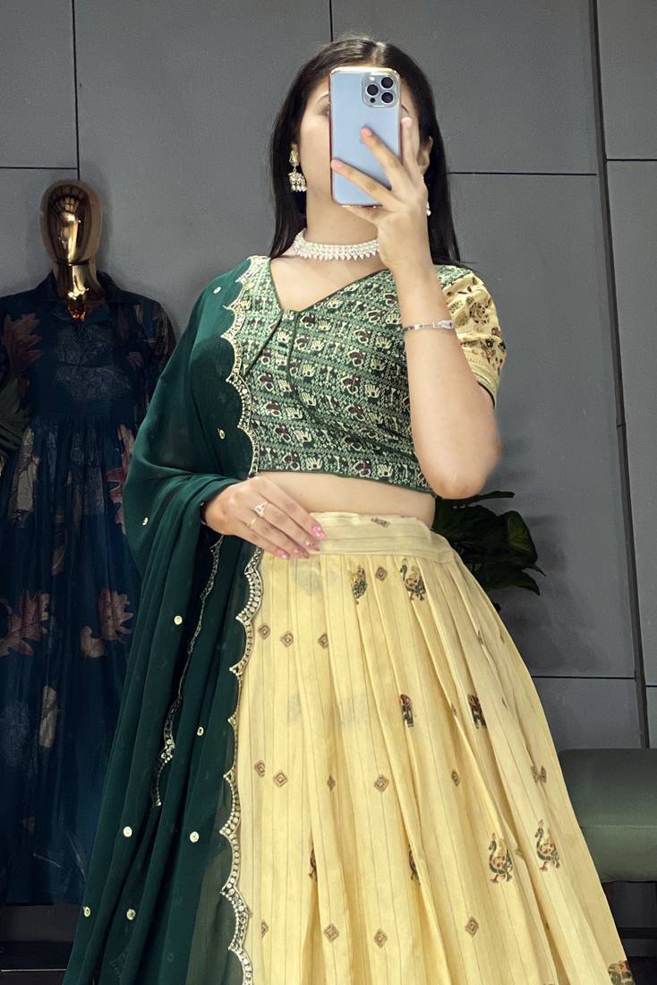 Green Color  Marshmellow Rico  Printed With Contrast Weaving Work Lehenga With Unstitched Blouse