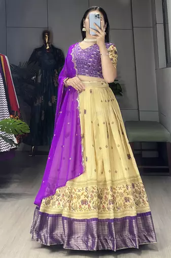 Purple Color  Marshmellow Rico  Printed With Contrast Weaving Work Lehenga With Unstitched Blouse