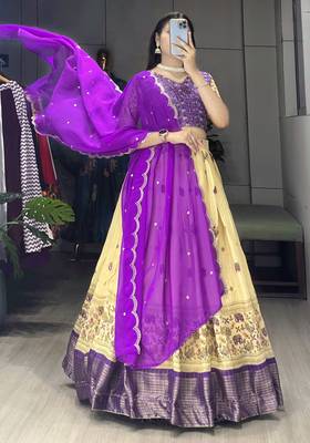Purple Color  Marshmellow Rico  Printed With Contrast Weaving Work Lehenga With Unstitched Blouse 3