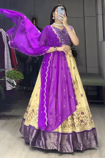 Purple Color  Marshmellow Rico  Printed With Contrast Weaving Work Lehenga With Unstitched Blouse