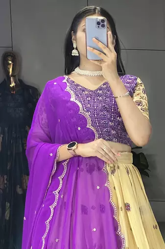 Purple Color  Marshmellow Rico  Printed With Contrast Weaving Work Lehenga With Unstitched Blouse