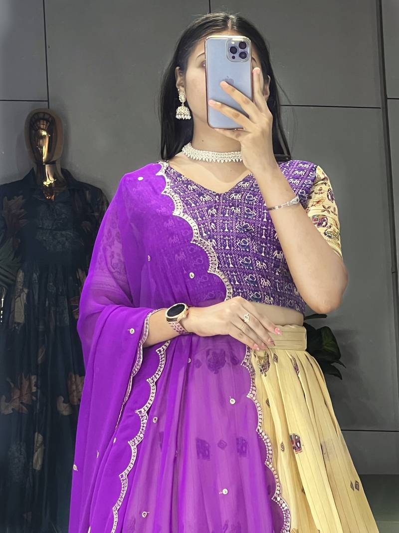 Purple Color  Marshmellow Rico  Printed With Contrast Weaving Work Lehenga With Unstitched Blouse