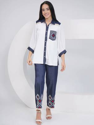 Ladies ethnic white white embellished shirt with embellished pants 1