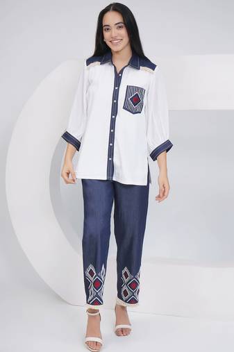 Ladies ethnic white white embellished shirt with embellished pants