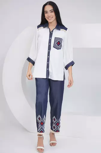 Ladies ethnic white white embellished shirt with embellished pants