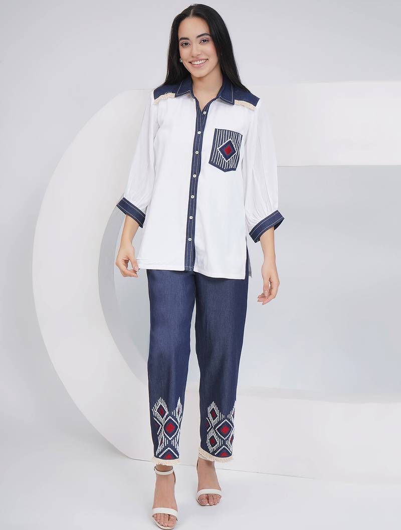 Ladies ethnic white white embellished shirt with embellished pants