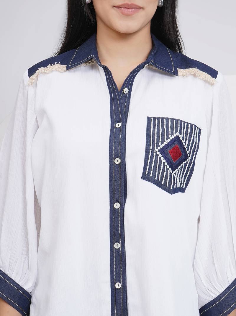 Ladies ethnic white white embellished shirt with embellished pants
