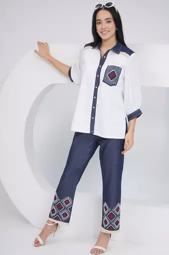 Ladies ethnic white white embellished shirt with embellished pants