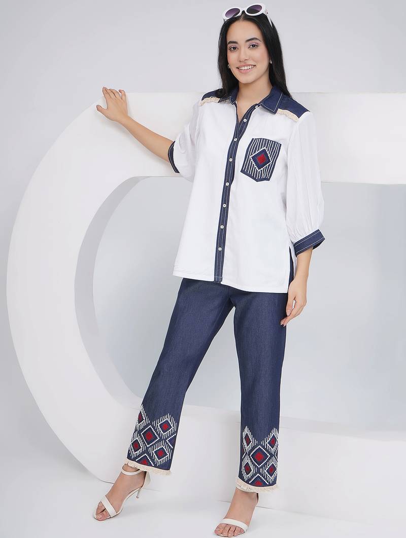 Ladies ethnic white white embellished shirt with embellished pants