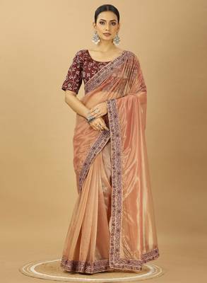 beige net saree with embroidered border & silk blouse 1