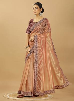 beige net saree with embroidered border & silk blouse 2