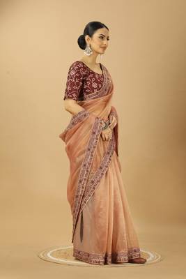beige net saree with embroidered border & silk blouse 3