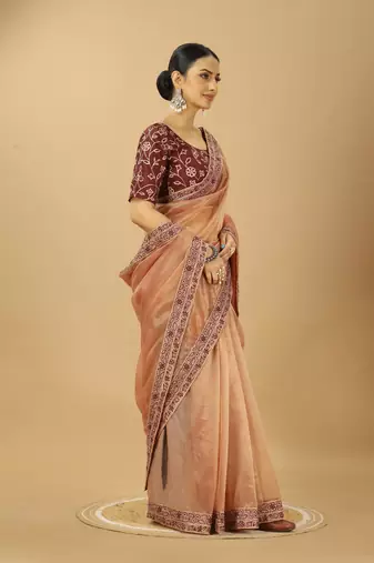 beige net saree with embroidered border & silk blouse