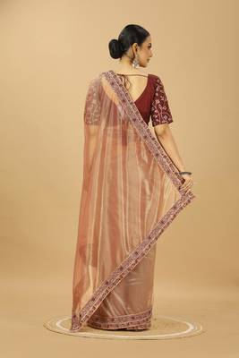 beige net saree with embroidered border & silk blouse 4