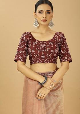 beige net saree with embroidered border & silk blouse 5