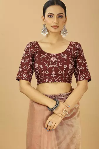 beige net saree with embroidered border & silk blouse