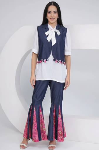 Ladies ethnic white denim shara with shirt and jacket