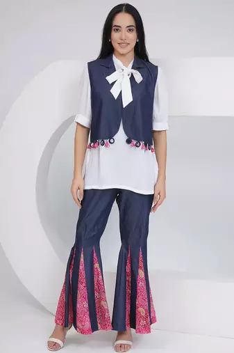 Ladies ethnic white denim shara with shirt and jacket