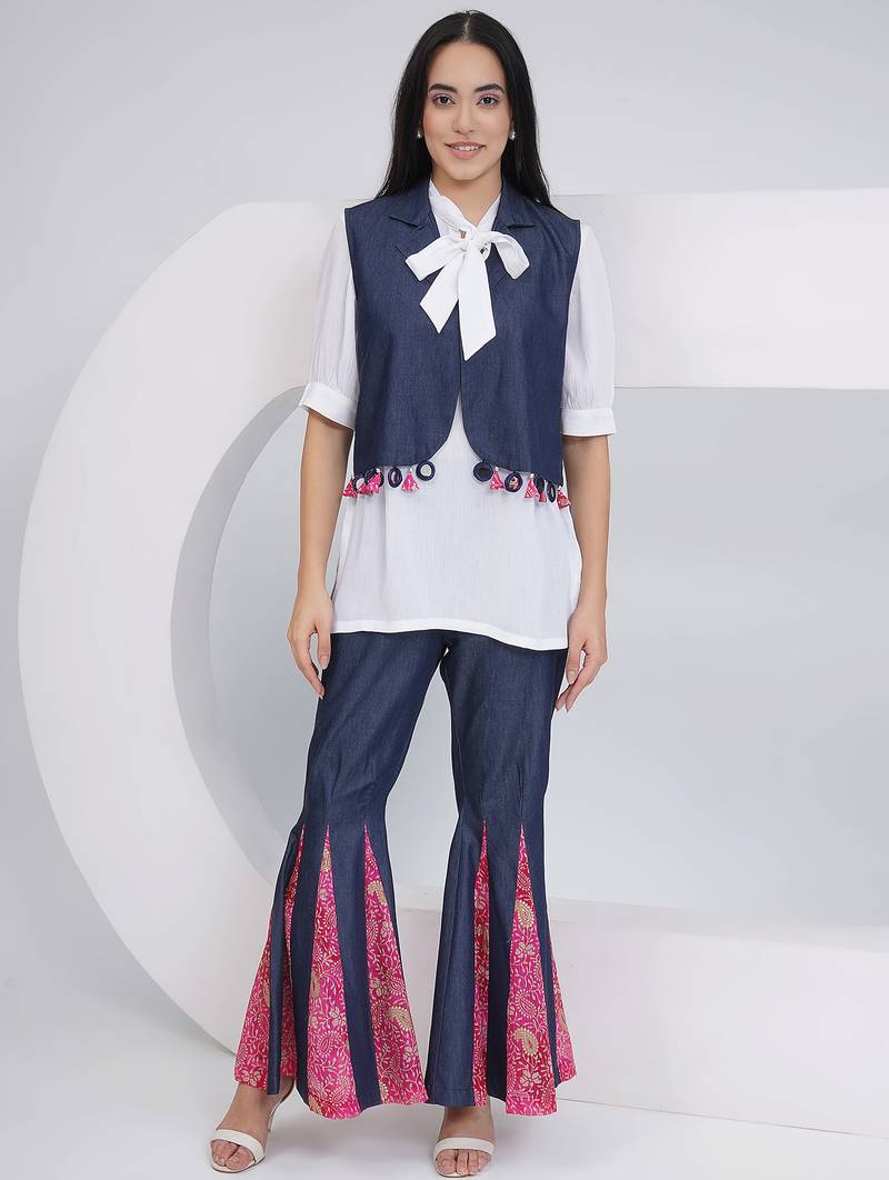 Ladies ethnic white denim shara with shirt and jacket