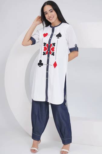 Ladies ethnic white white embroidered shirt with afghani pants