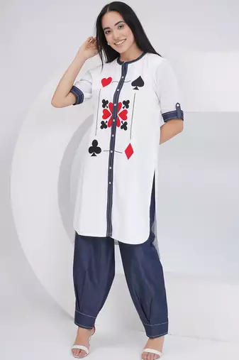 Ladies ethnic white white embroidered shirt with afghani pants