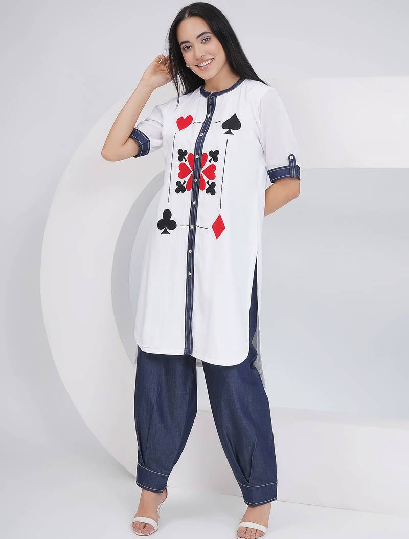 Ladies ethnic white white embroidered shirt with afghani pants