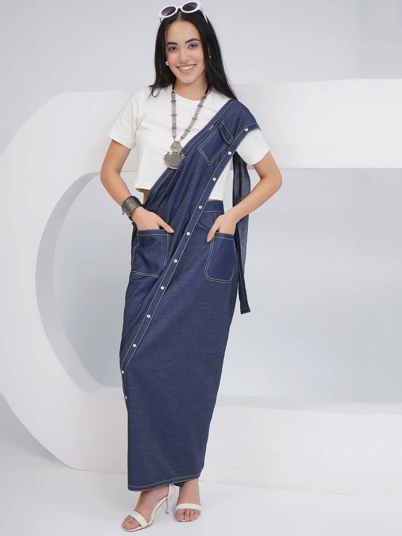 Ladies ethnic off white denim skirt drape with top