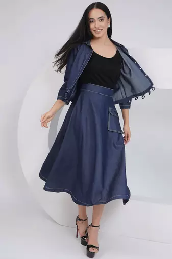 Ladies ethnic black denim a line skirt with inner and jacket