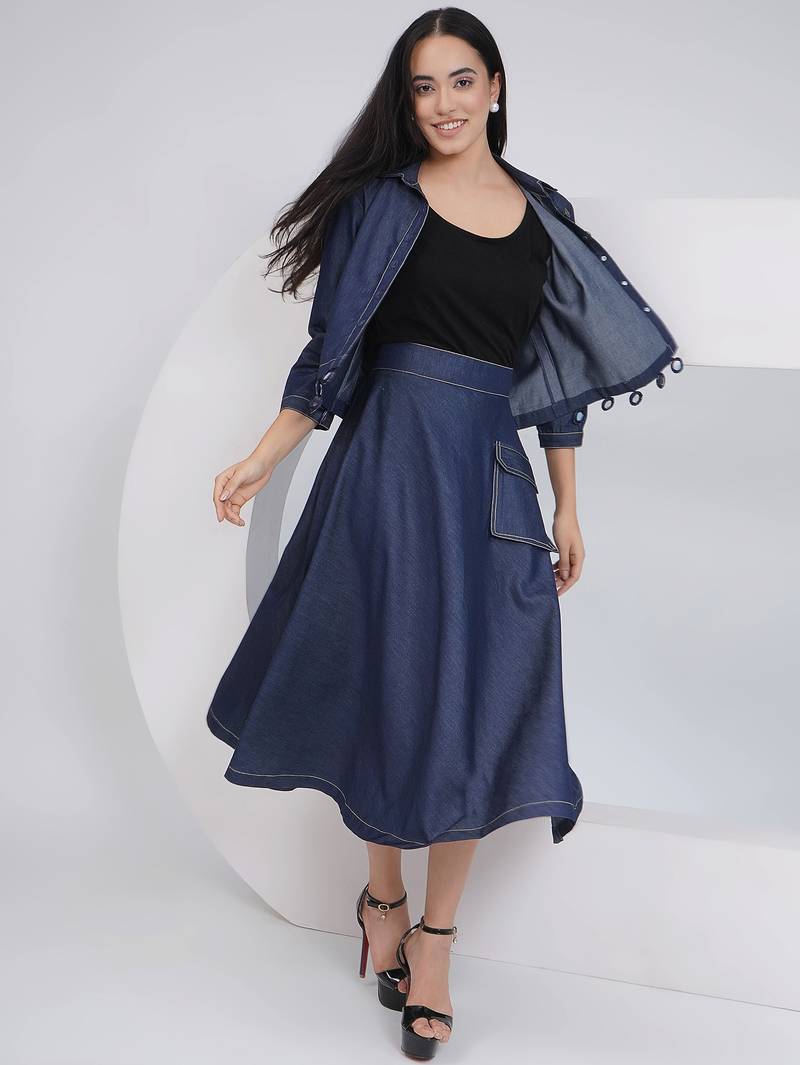 Ladies ethnic black denim a line skirt with inner and jacket