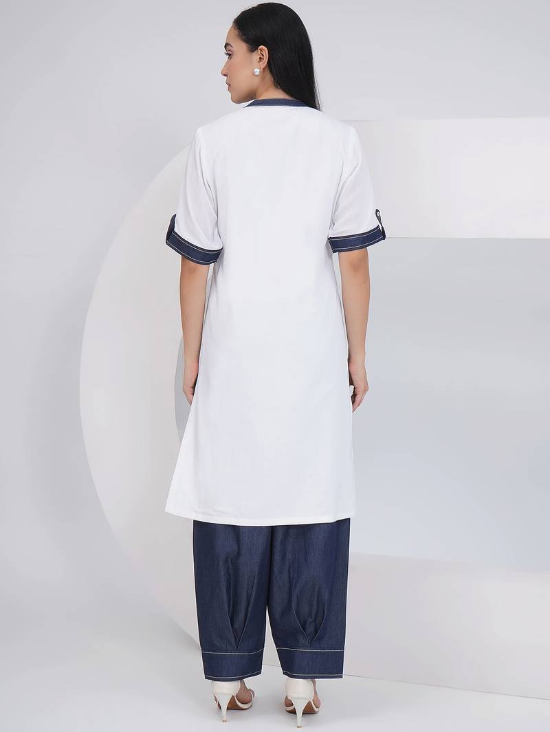 Ladies ethnic white white embroidered shirt with afghani pants